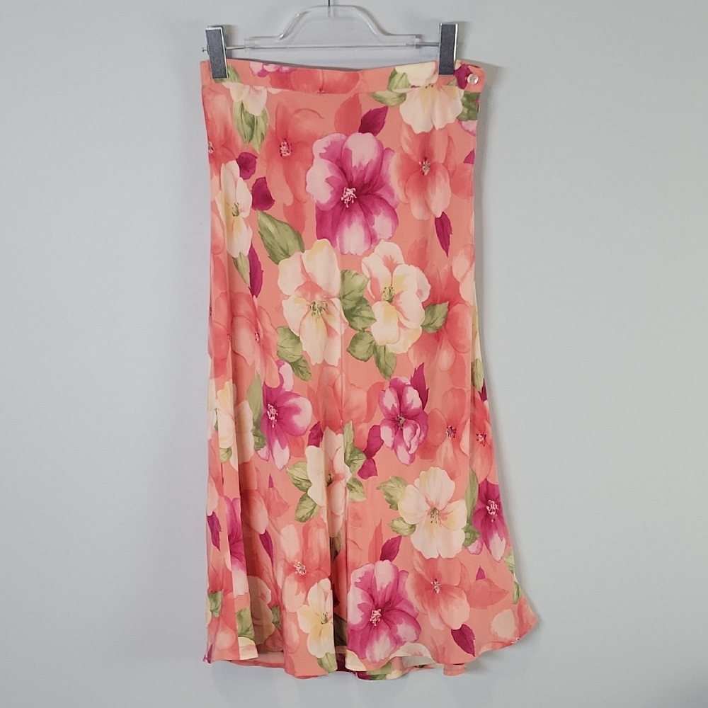 Alfred Dunner 100% Silk floral midi skirt pink size 10